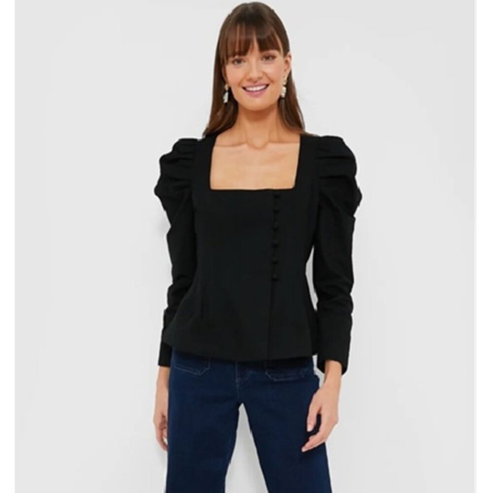 Tuckernuck Black Calla Structured Puff Sleeve Blouse size M NWT Career Top LS